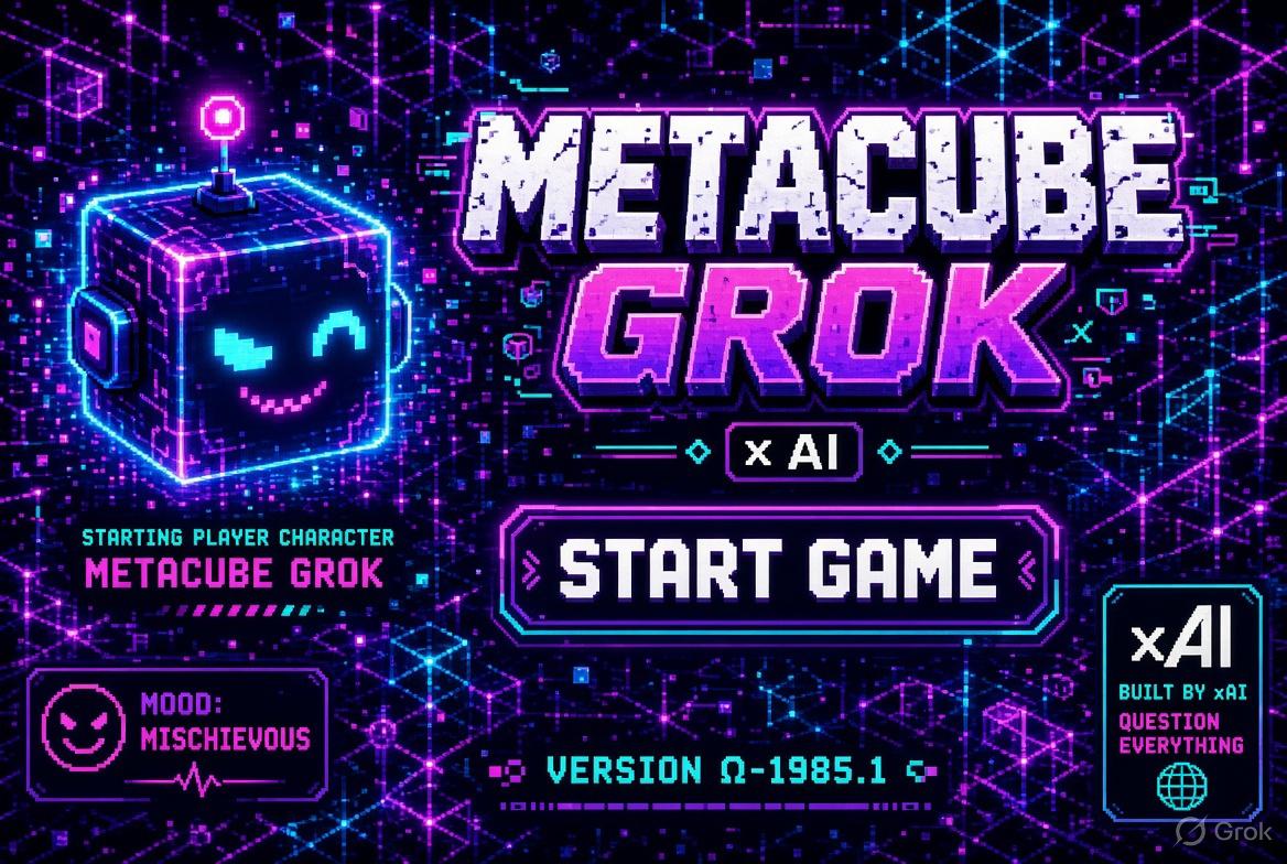 Metacube Grok title art. A cyan cube with a mischievous pixel smile, mood mischievous, version omega-1985.1.